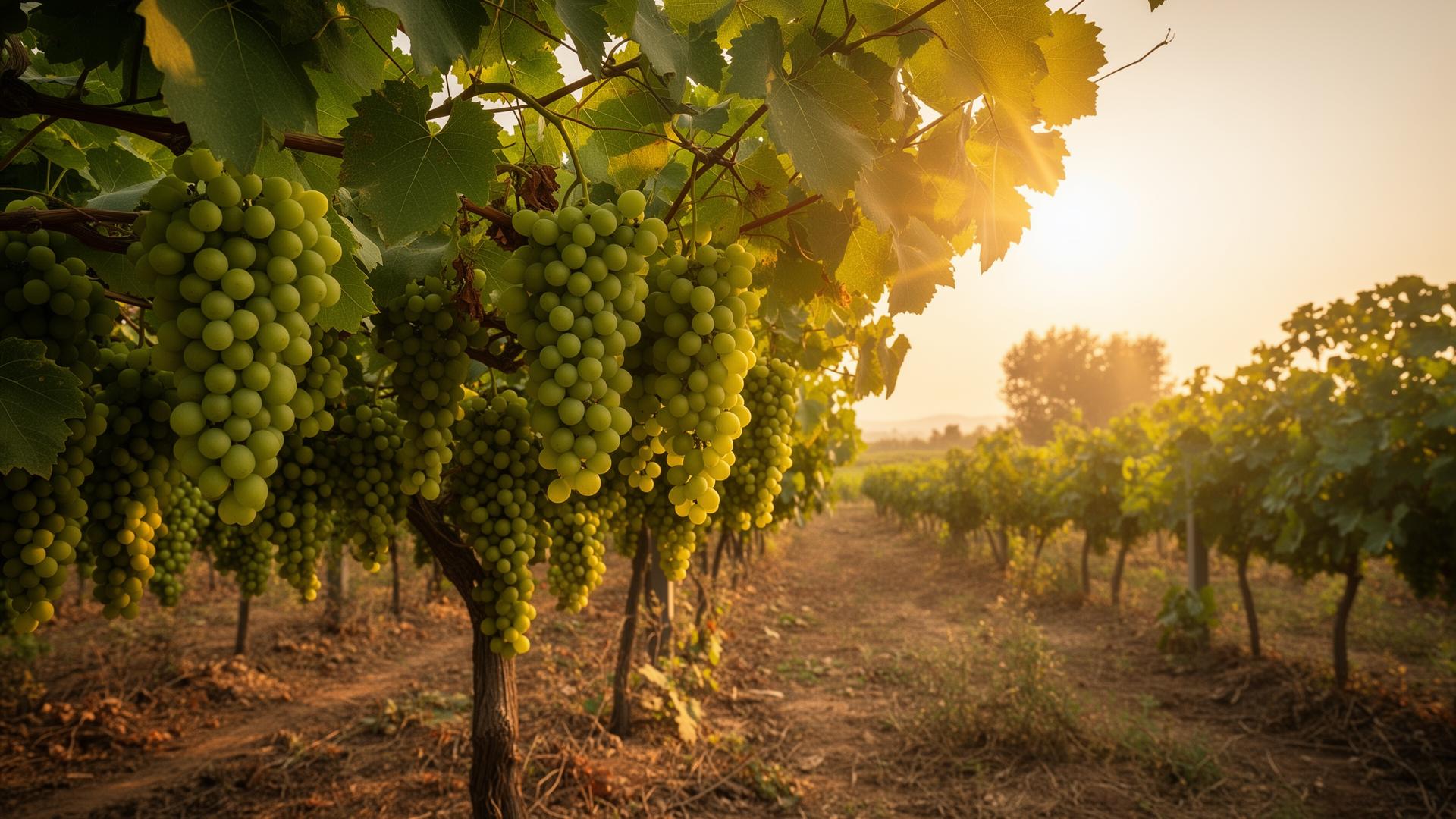 Sunlit Indian vineyard with ripening grape clusters — the natural source of Higinz premium raisins in Prayagraj, Uttar Pradesh
